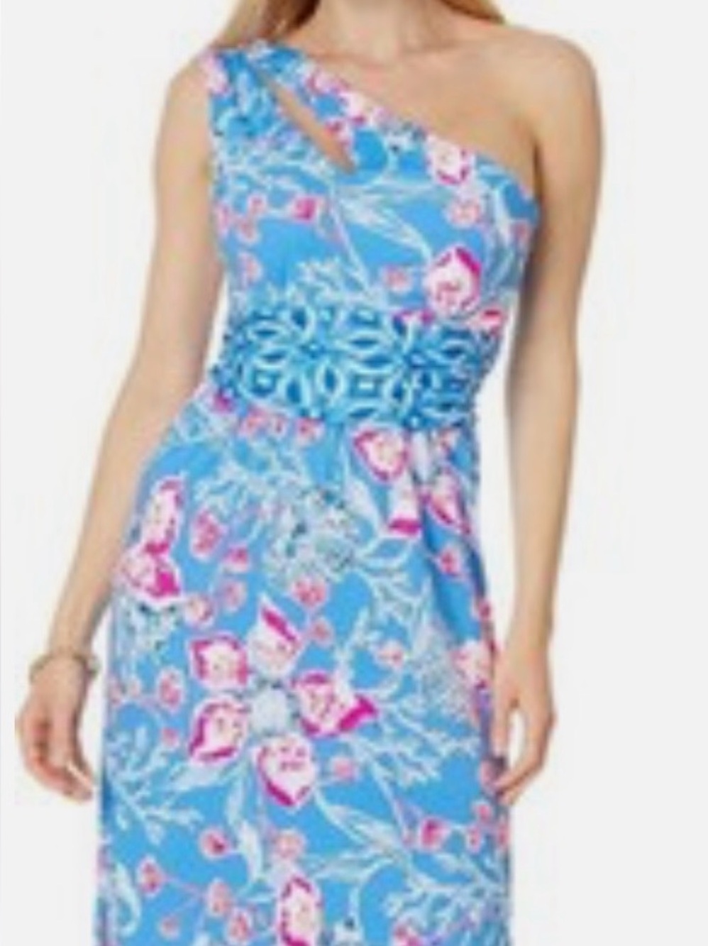 Lilly Pulitzer Blue One-Shoulder Floral Dress with Pink Accents